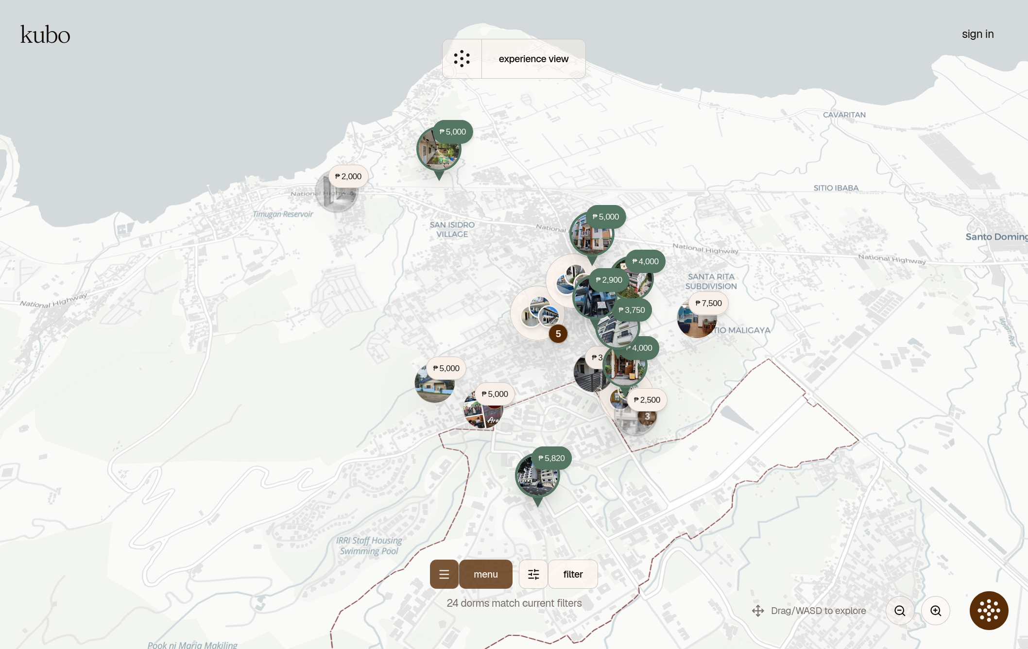 Kubo student housing map showing dorm listings around UPLB