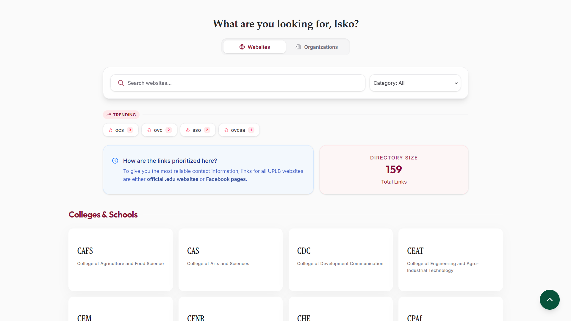 UPLB TRAIL search engine page showing category tags and directory search results
